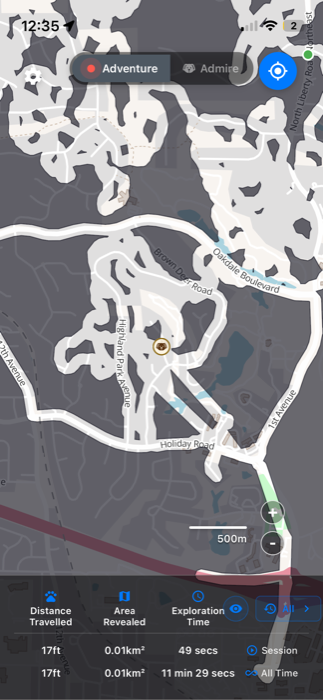 Map with a network of explored streets revealed